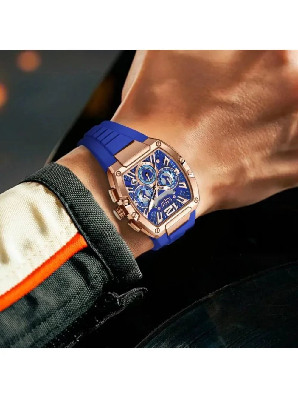 Men's Blue and Bright Copper Square Chronograph Stainless Steel Quartz Watch